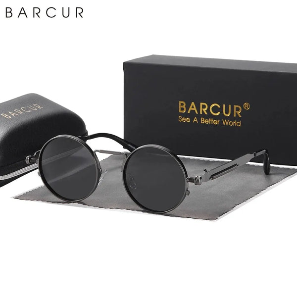 BARCUR Round Retro Steampunk Sunglasses