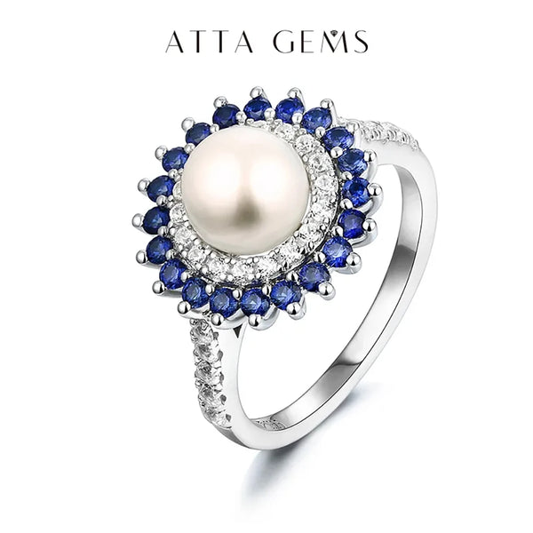 ATTAGEMS Natural Freshwater Pearl Sapphire Ring Round