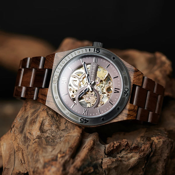 BOBO BIRD Men's Wooden Hollow Mechanical Watch