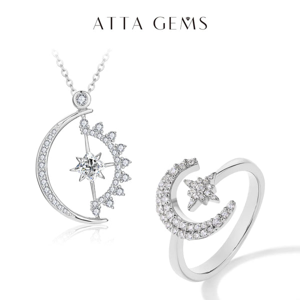 ATTAGEMS Elegant Moon Stars Moissanite Jewelry Set